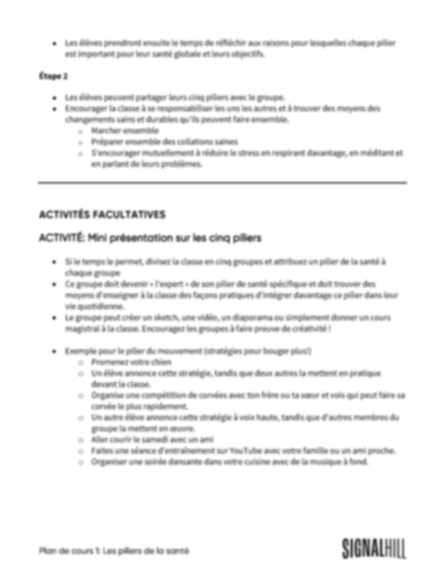 Plan de cours 1: Les piliers de la santé