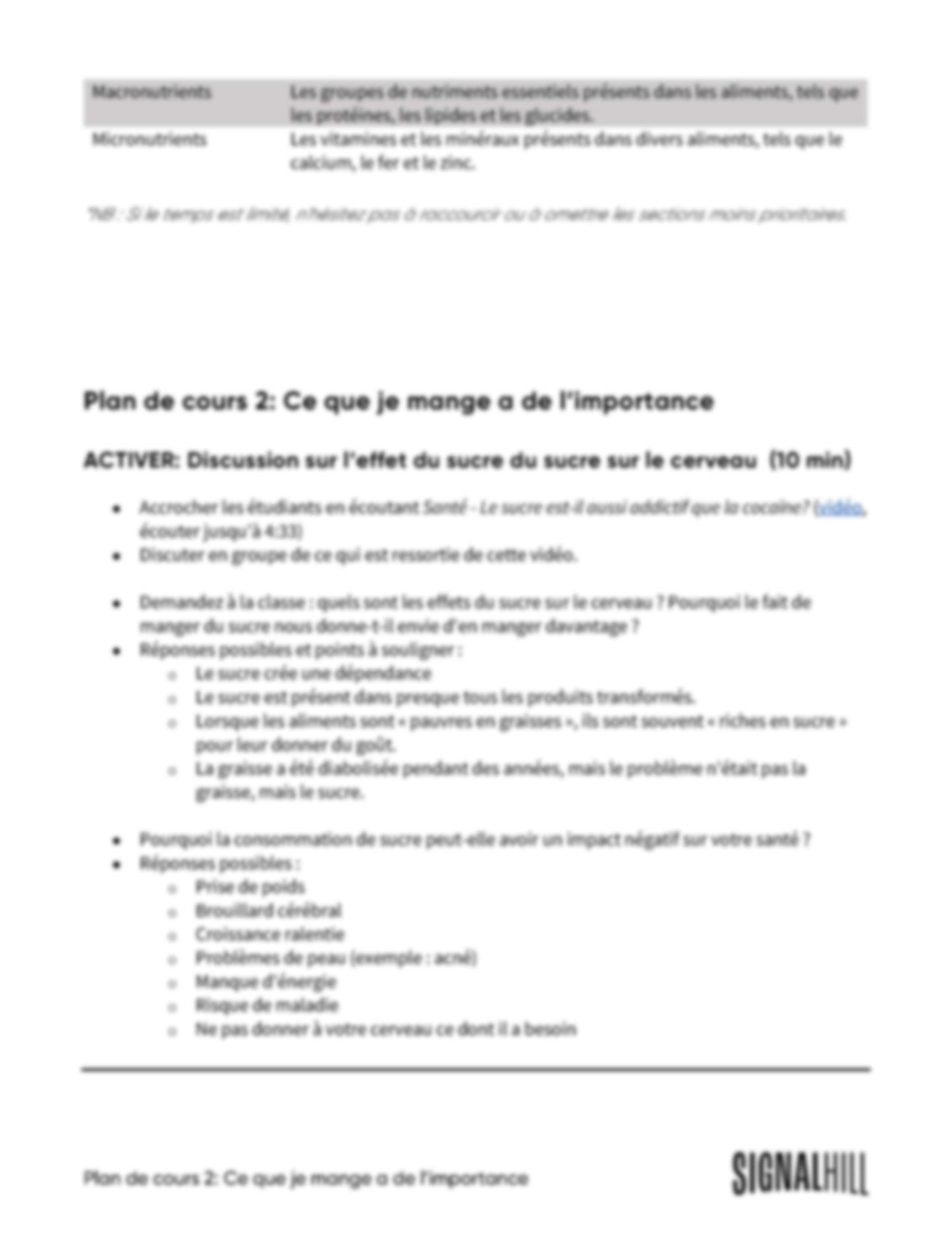 Plan de cours 2: Ce que je mange a de l’importance