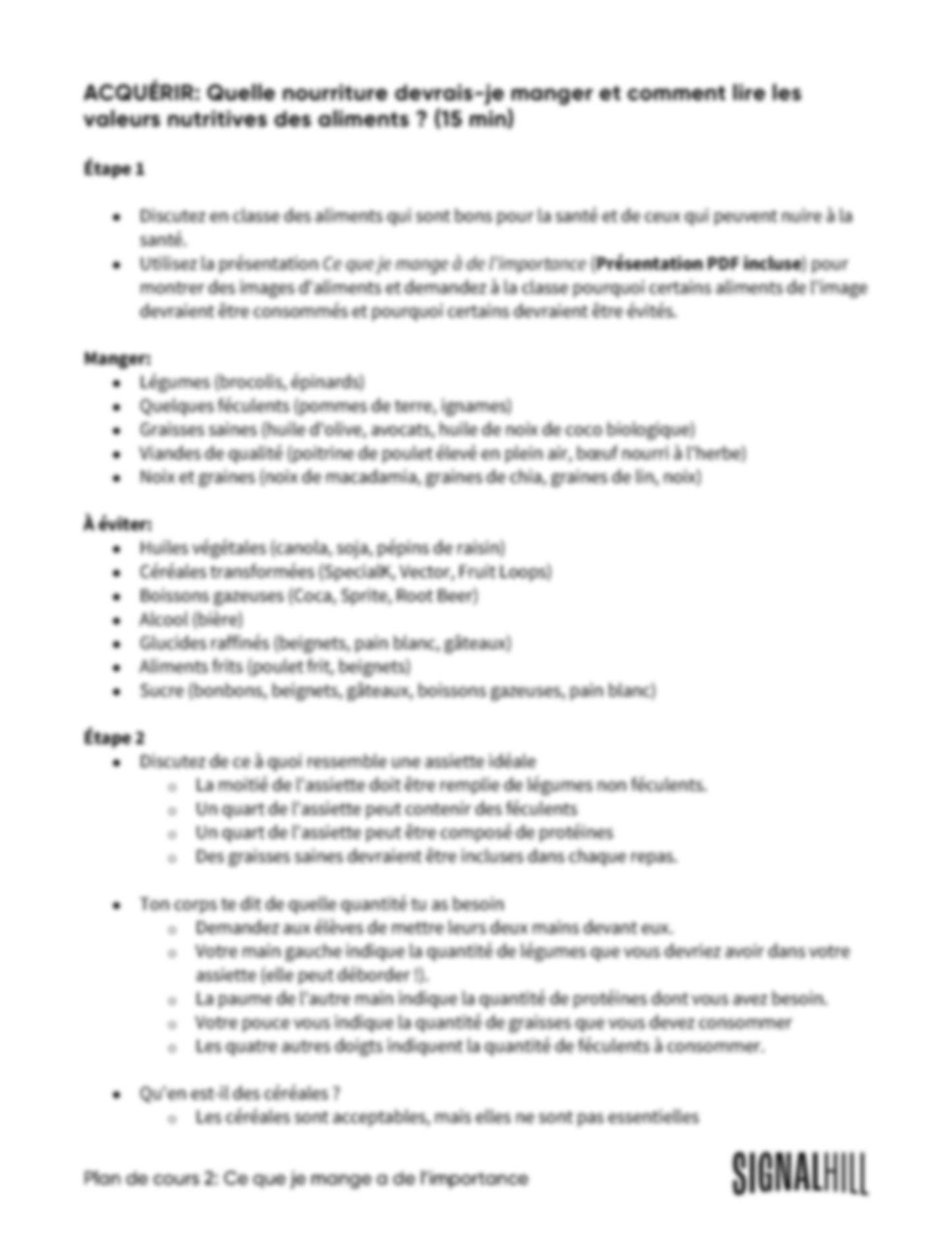 Plan de cours 2: Ce que je mange a de l’importance