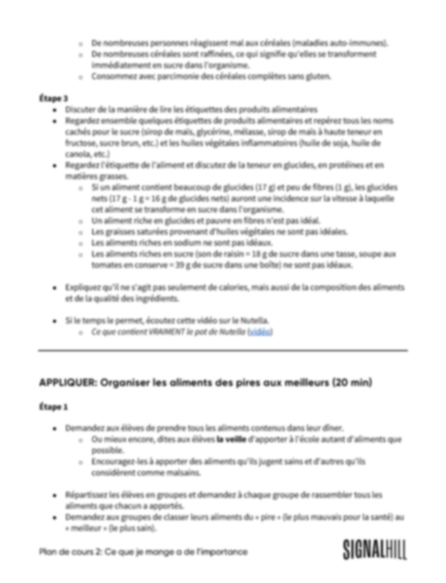 Plan de cours 2: Ce que je mange a de l’importance