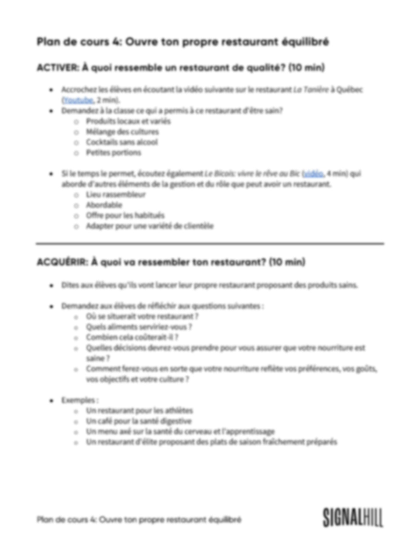 Plan de cours 4: Ouvre ton propre restaurant équilibré