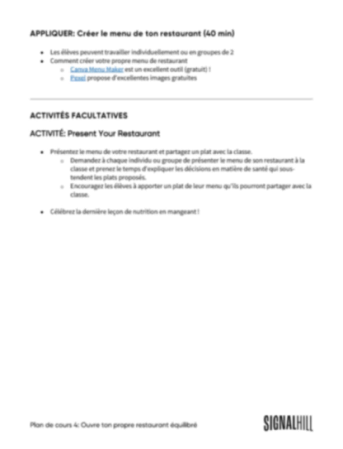 Plan de cours 4: Ouvre ton propre restaurant équilibré