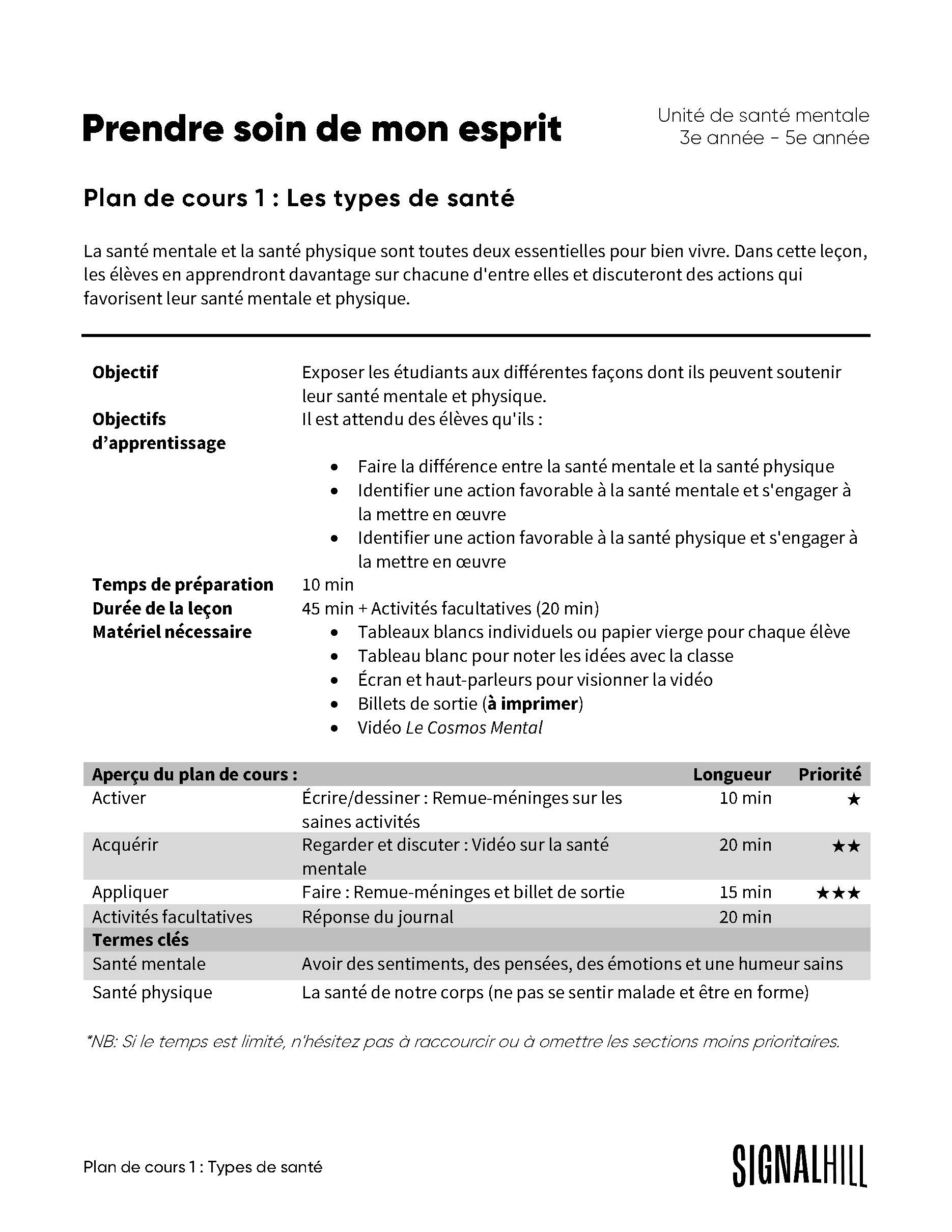 Prendre soin de mon esprit - Ensemble de plans de cours (4 plans de co ...