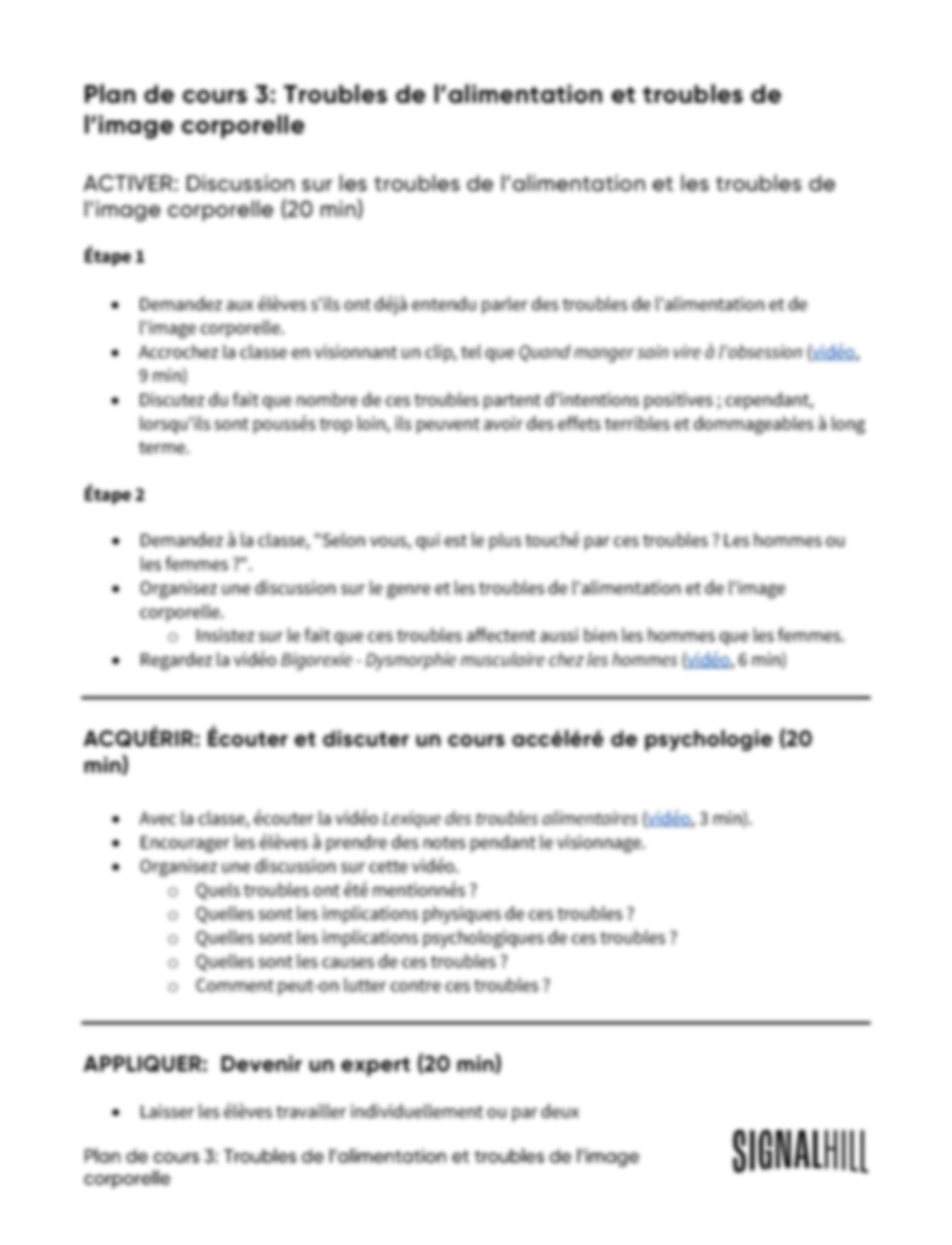 Plan de cours 3: Troubles de l’alimentation et troubles de l’image corporelle