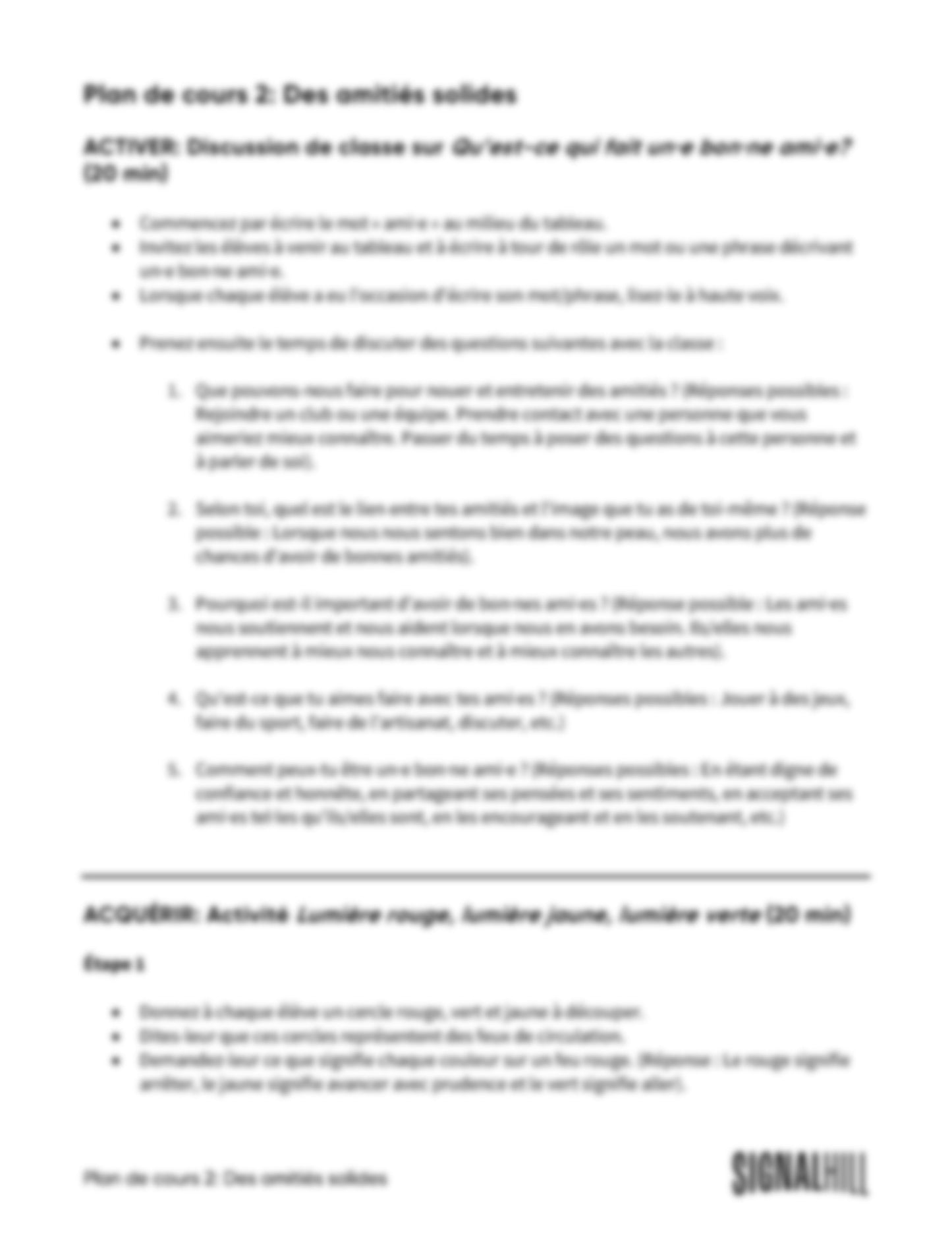 Plan de cours 2: Des amitiés solides
