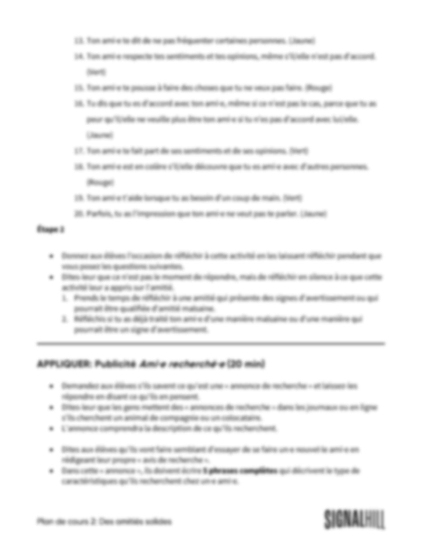 Plan de cours 2: Des amitiés solides