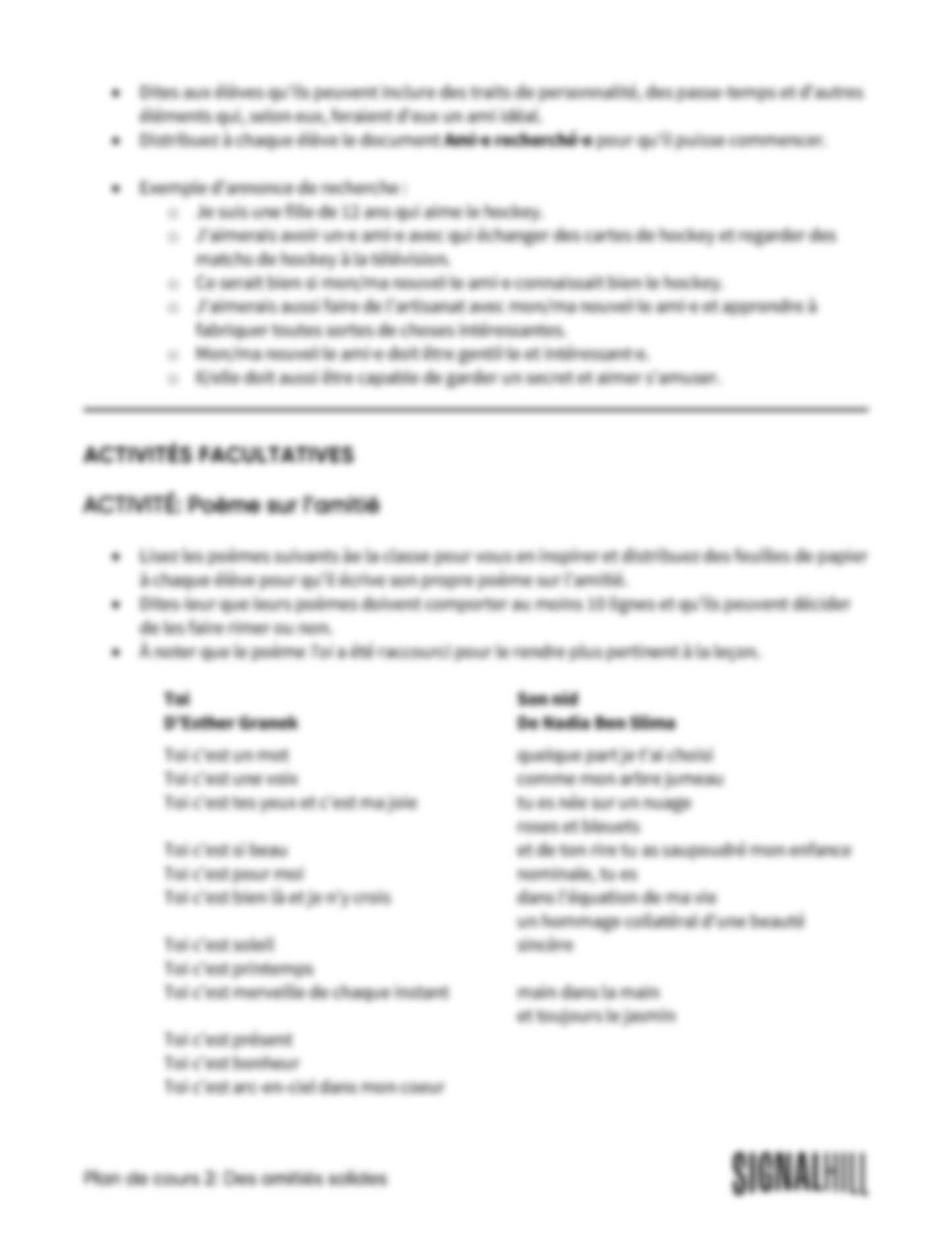 Plan de cours 2: Des amitiés solides