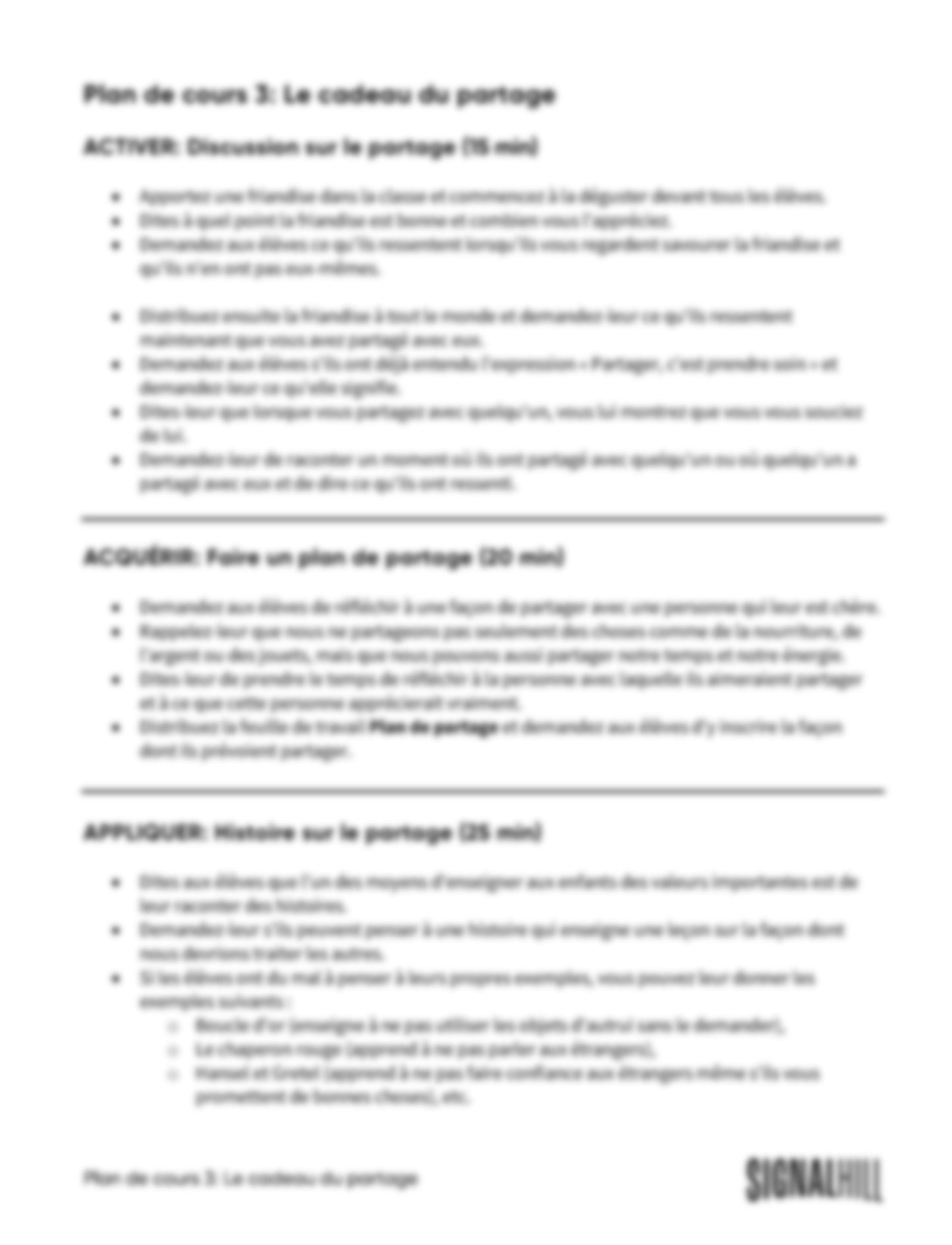 Plan de cours 3: Le cadeau du partage