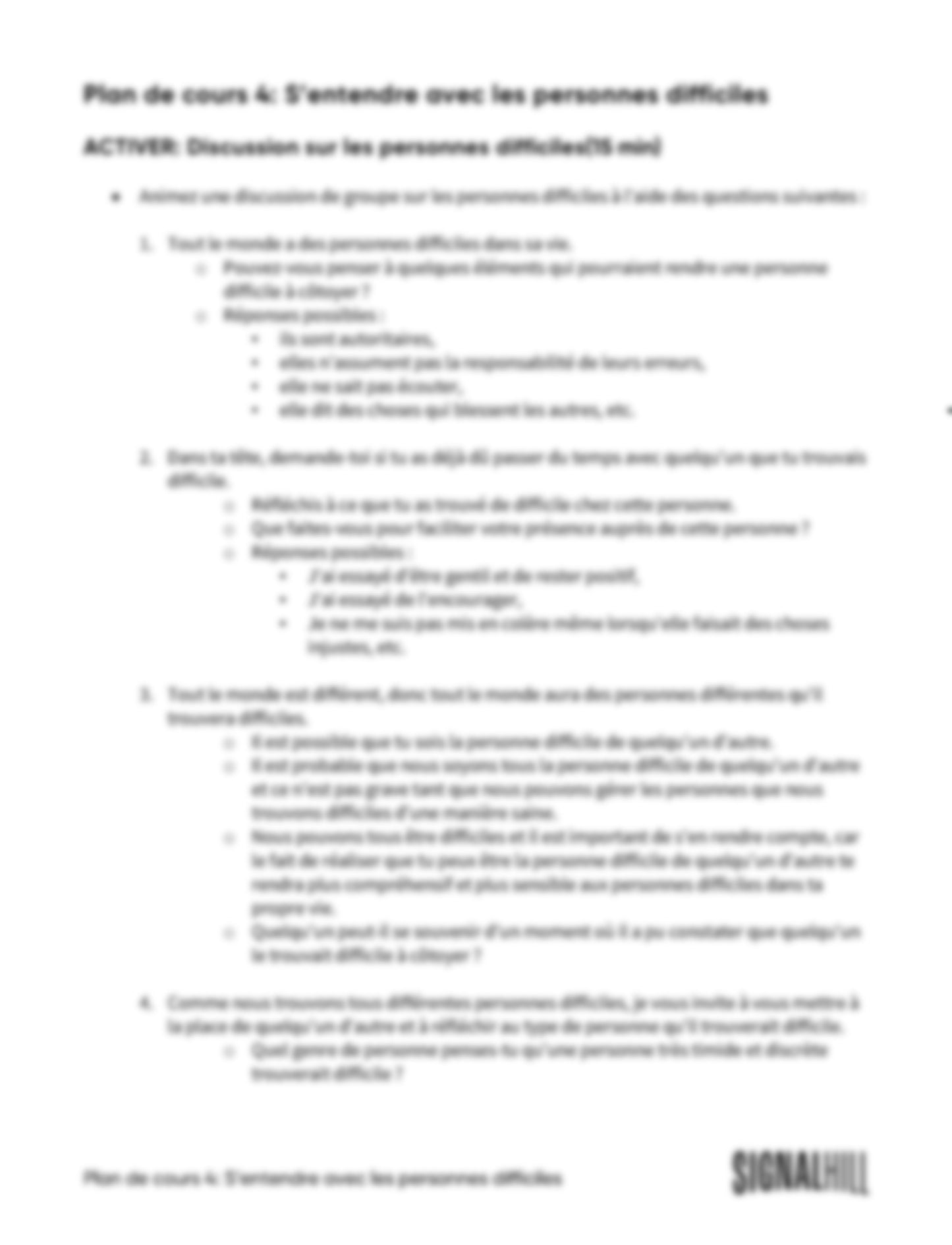 Plan de cours 4: S’entendre avec les personnes difficiles