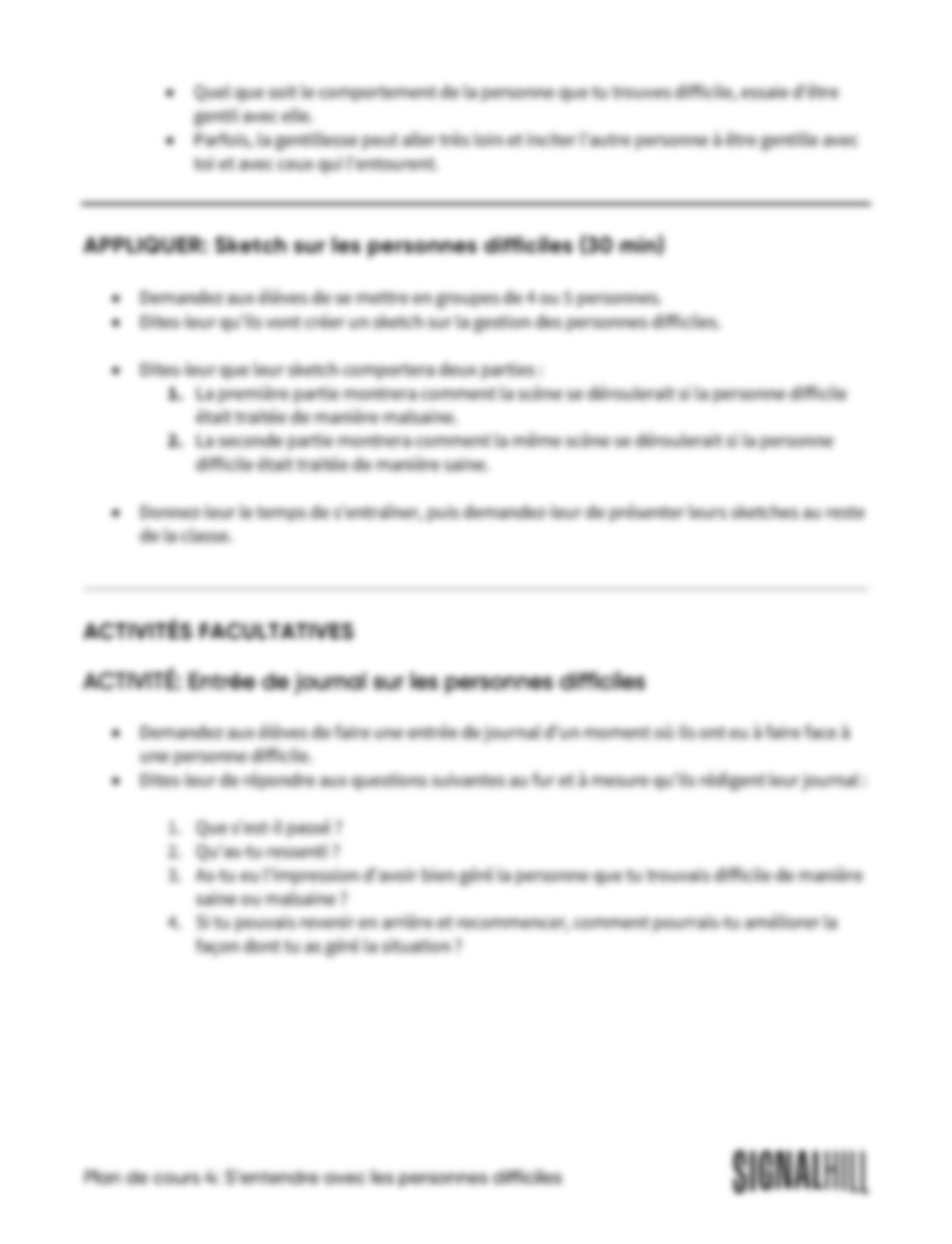 Plan de cours 4: S’entendre avec les personnes difficiles