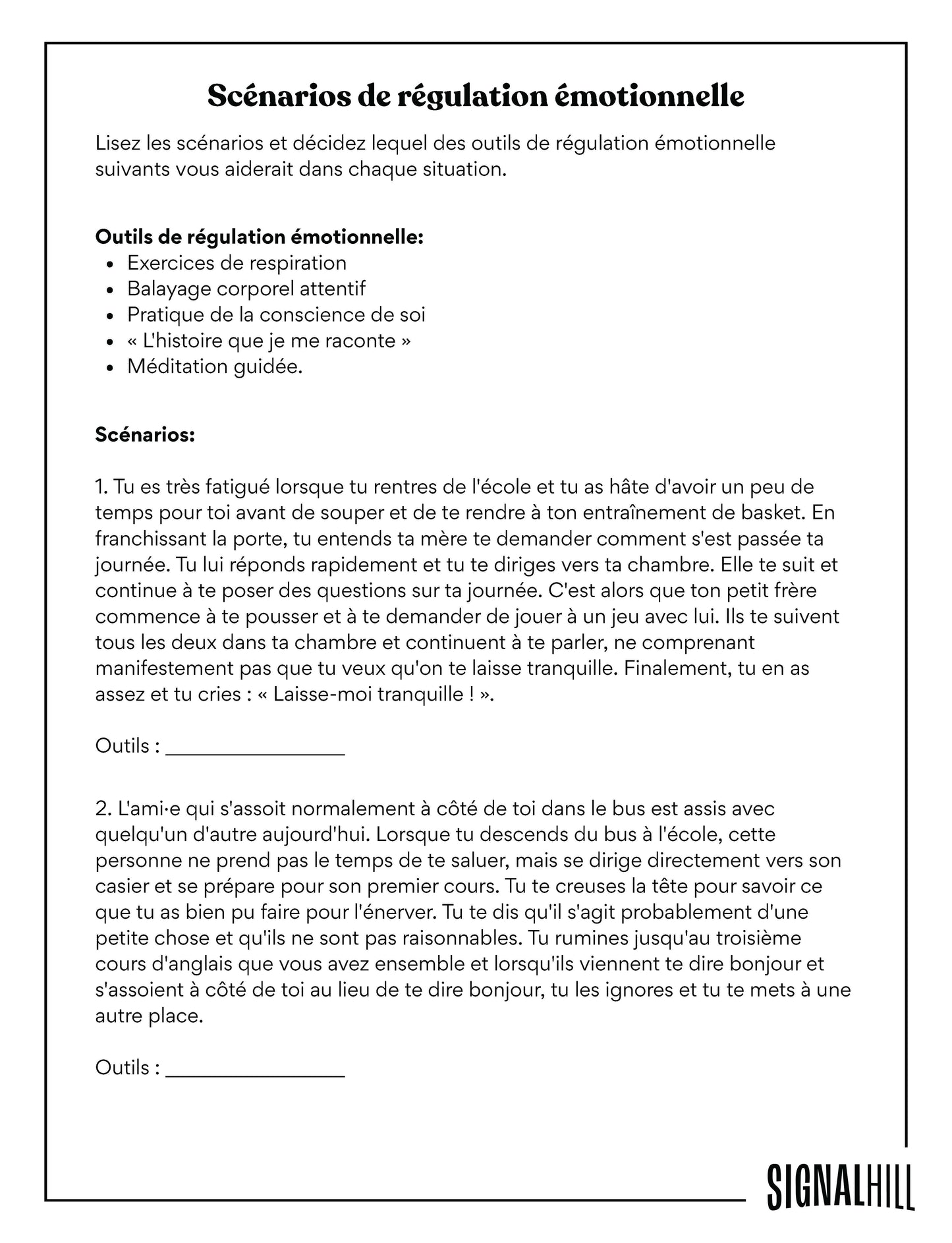 Plan de cours 3: Boîte à outils pour la régulation émotionnelle