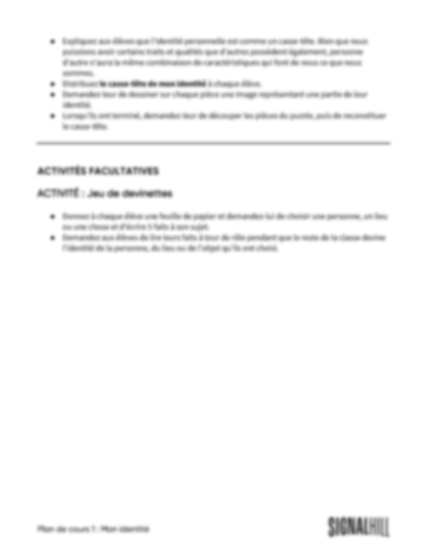 Plan de cours 1 : Mon identité
