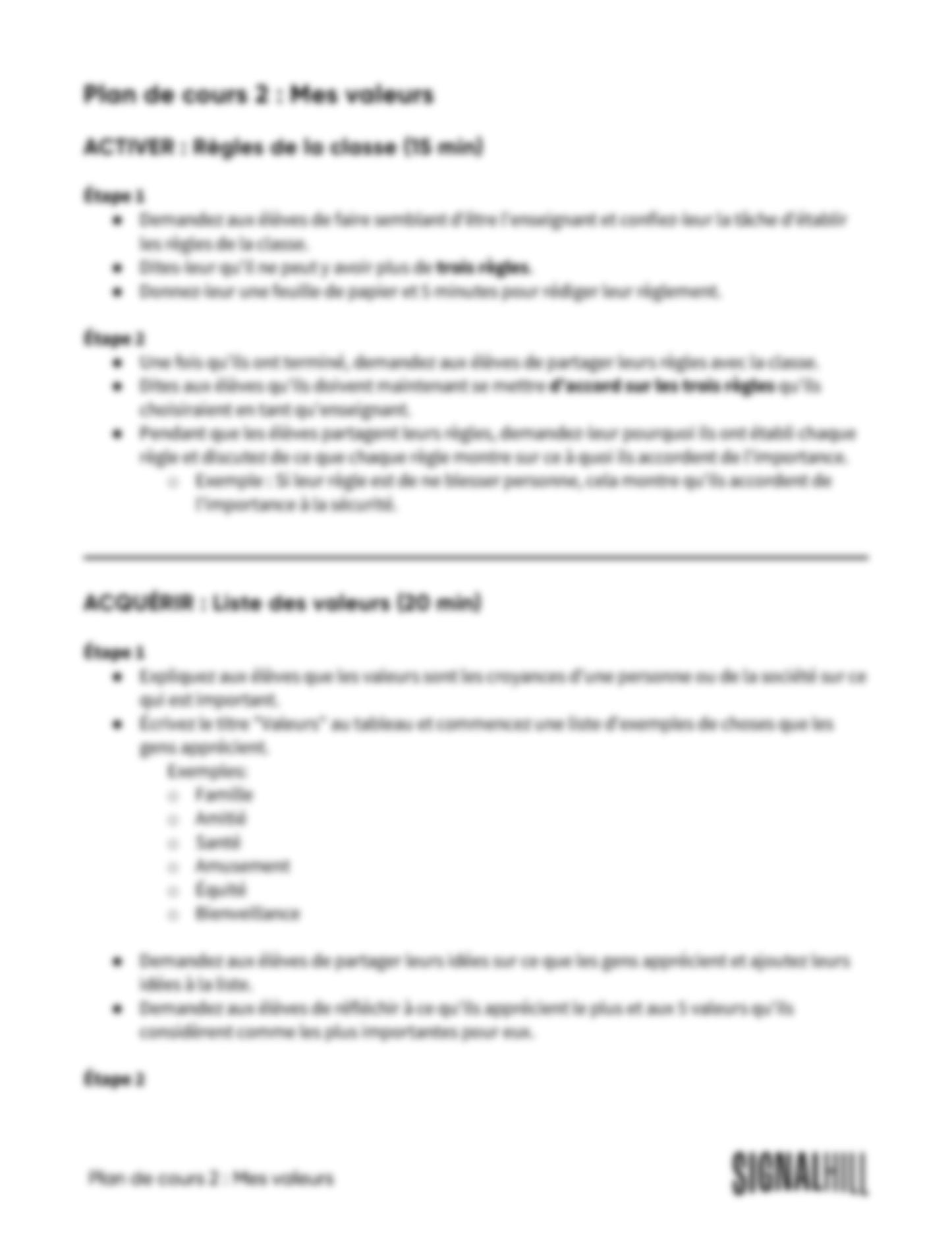 Plan de cours 2 : Mes valeurs