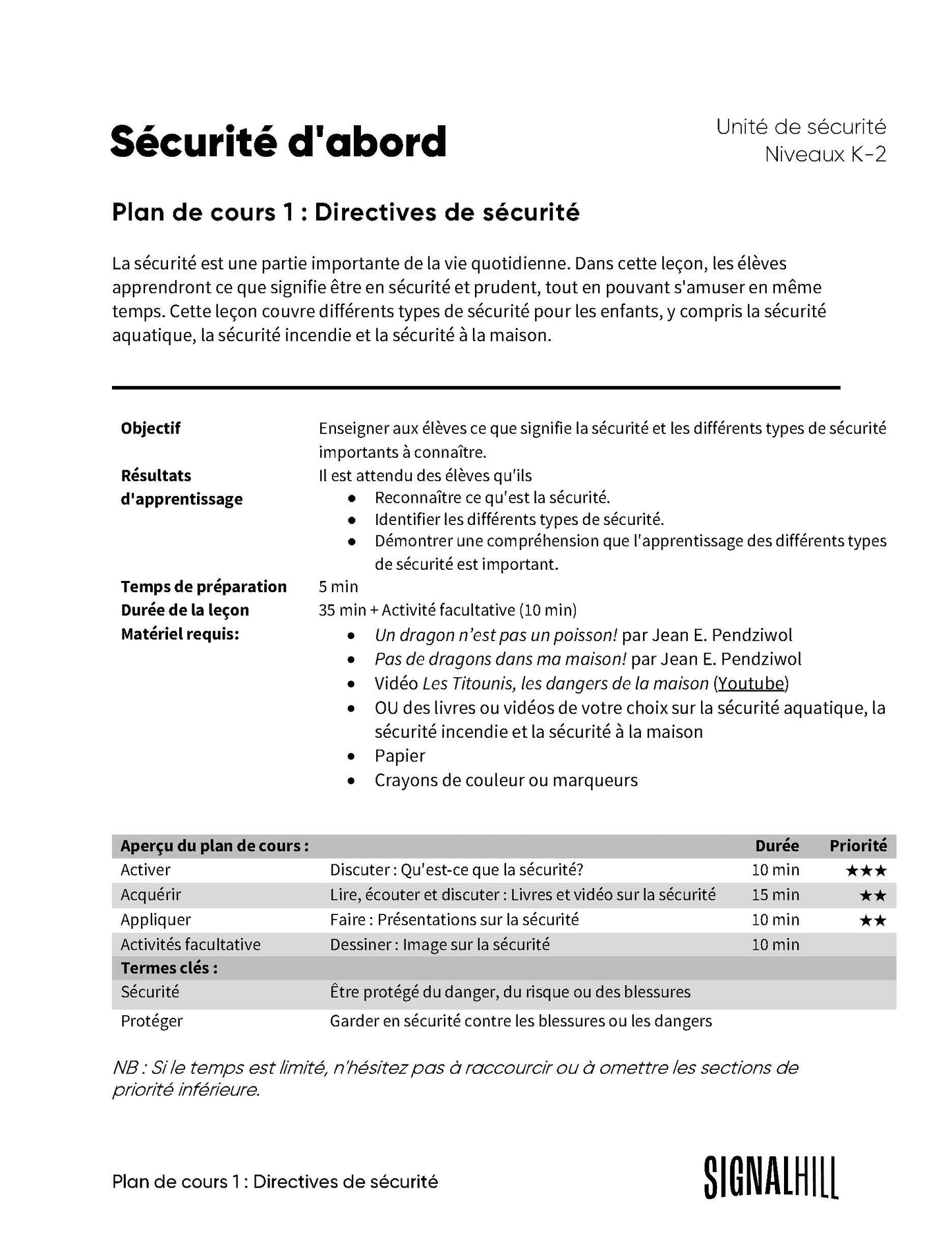 Plan de cours 1: Directives de sécurité
