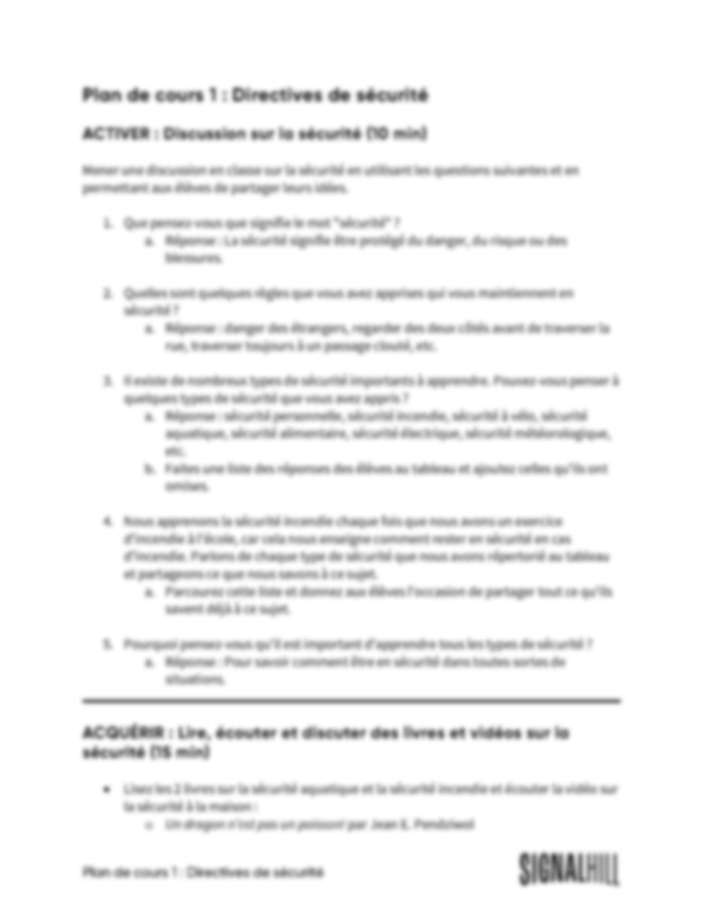 Plan de cours 1: Directives de sécurité