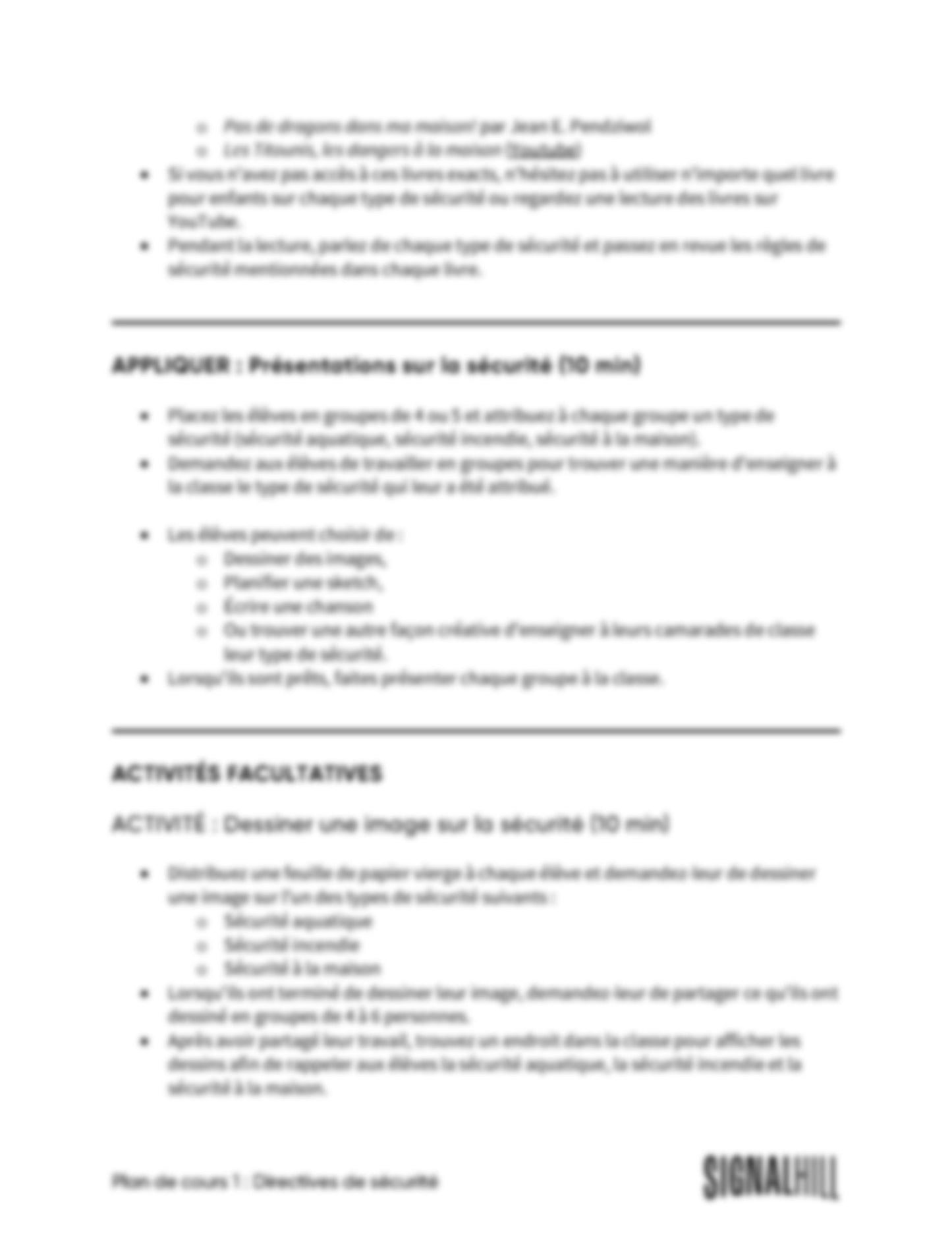 Plan de cours 1: Directives de sécurité