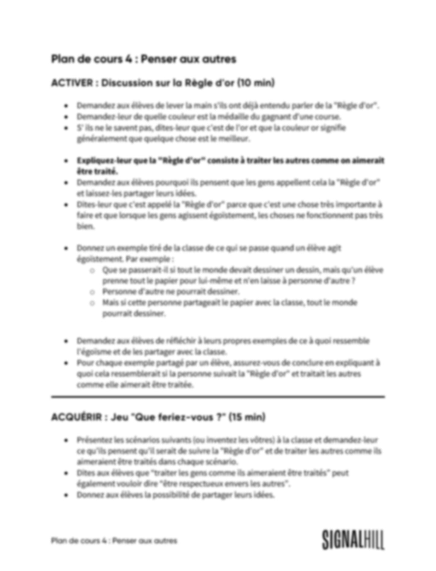 Plan de cours 4: Penser aux autres