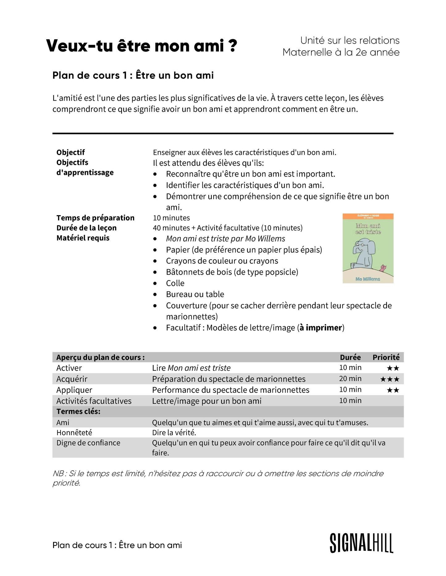 Plan de cours 1: Être un bon ami