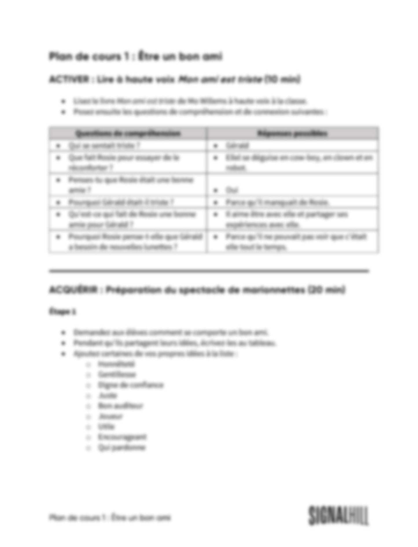 Plan de cours 1: Être un bon ami