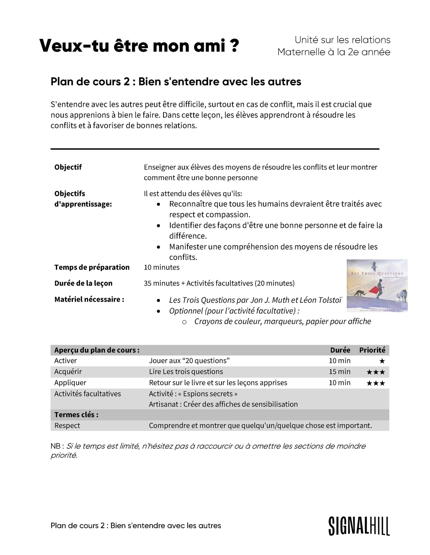 Plan de cours 2: Bien s'entendre avec les autres