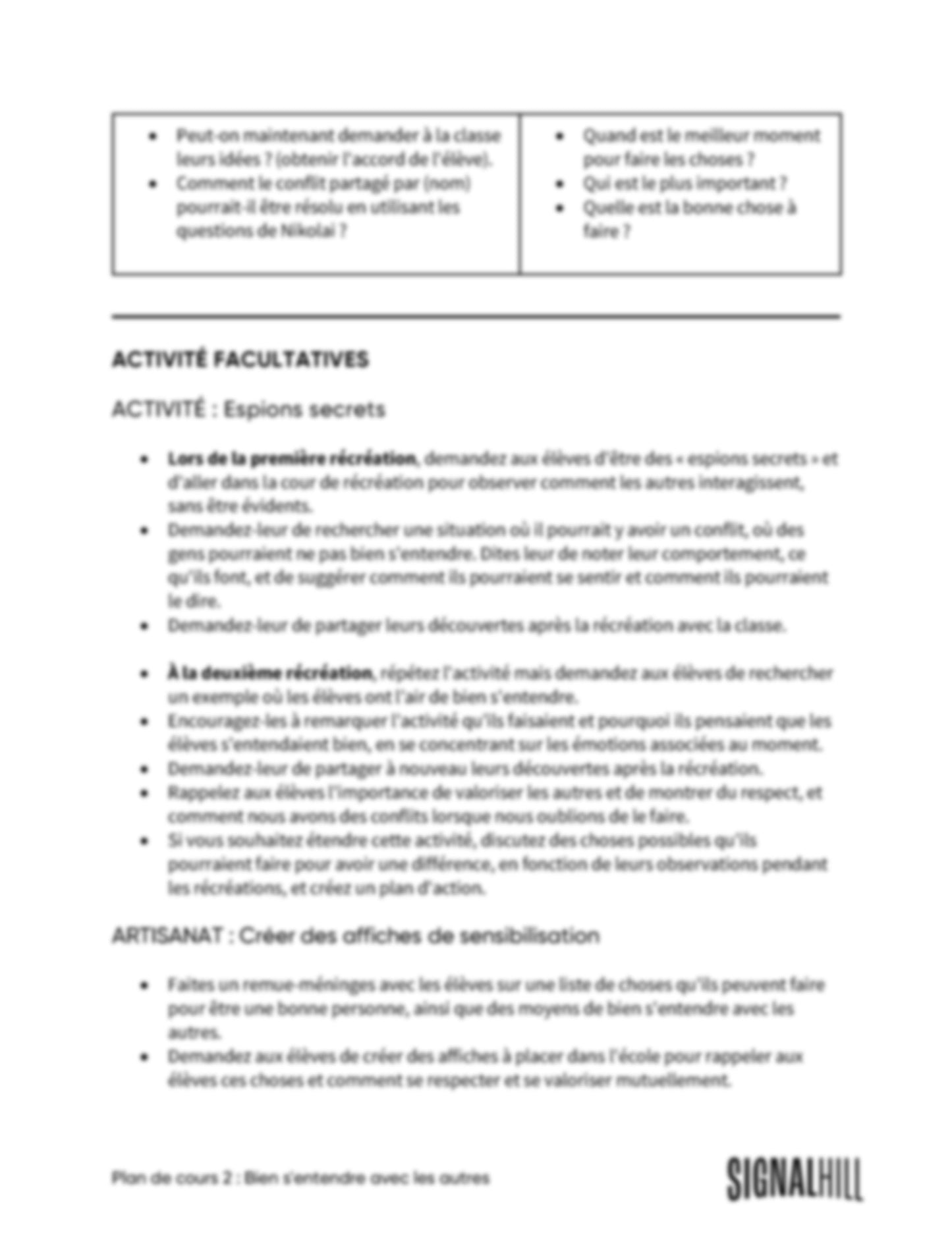 Plan de cours 2: Bien s'entendre avec les autres