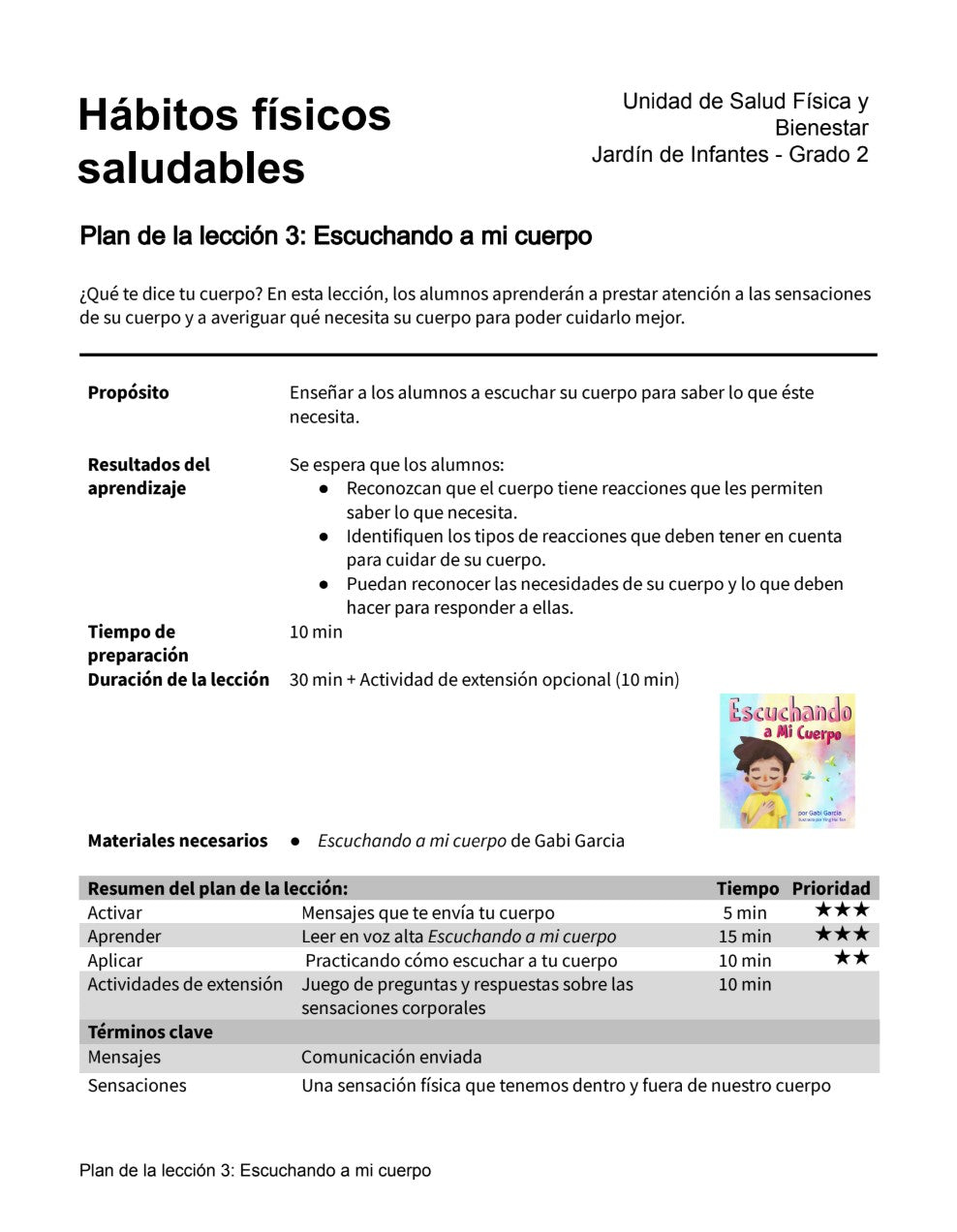 Hábitos Físicos Saludables - Paquete de Plan de Lecciones (4 Plan de Lecciones)