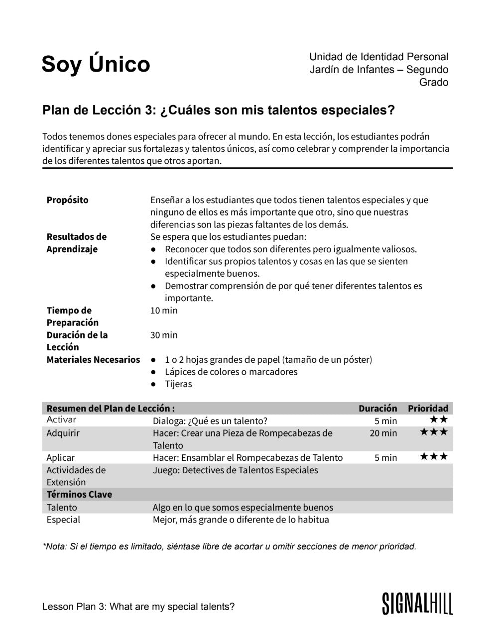 Soy Único - Paquete de Plan de Lecciones (4 Plan de Lecciones)