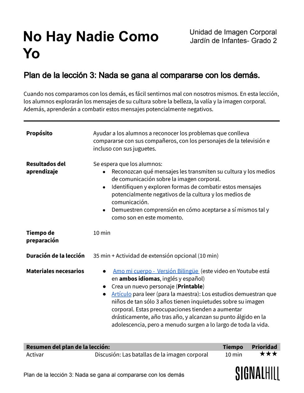 No Hay Nadie Como Yo - Paquete de Plan de Lecciones (4 Plan de Lecciones)
