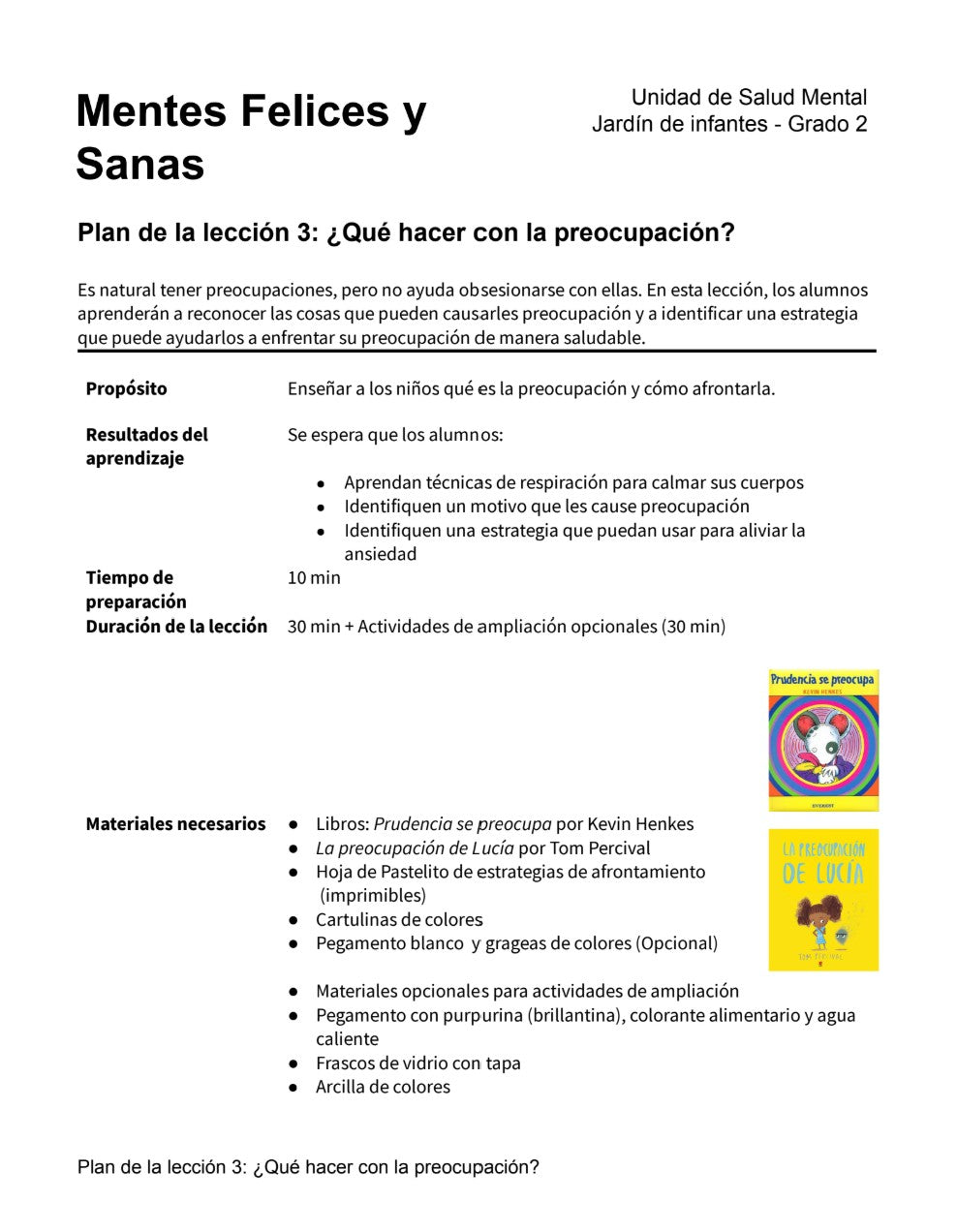 Mentes Felices y Sanas - Paquete de Plan de Lecciones (4 Plan de Lecciones)