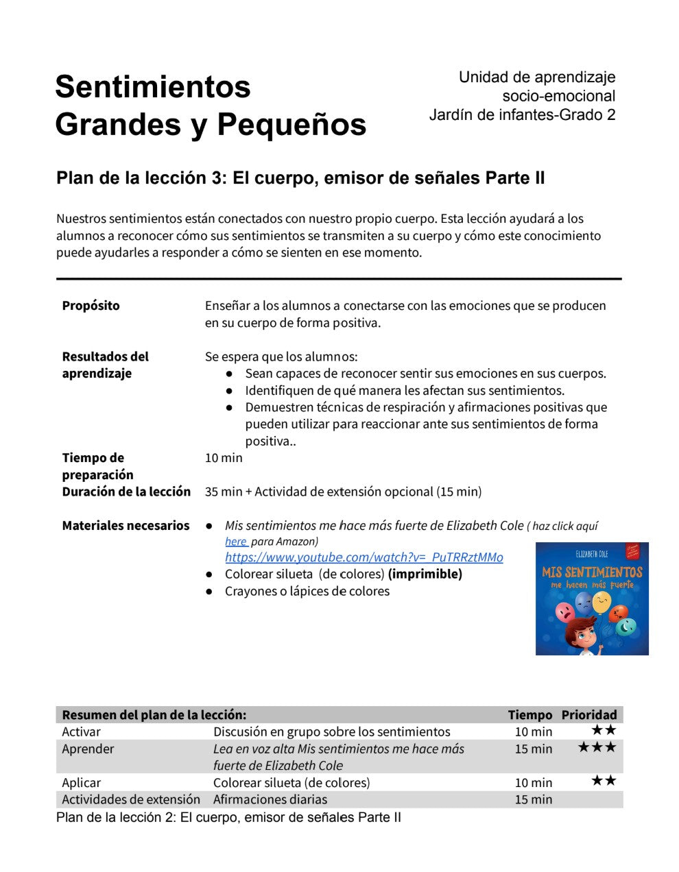 Sentimientos Grandes y Pequeños - Paquete de Plan de Lecciones (4 Plan de Lecciones)