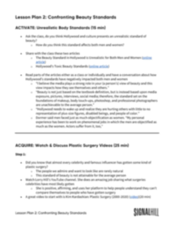 Beauty Lesson Plan Grades 9-12 Lesson Plan: Confronting Beauty Standards – Signal Hill