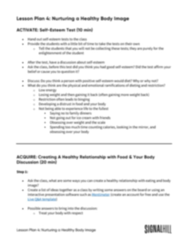 Body Image Lesson Grades 9-12 Lesson Plan: Nurturing a Healthy Body Image – Signal Hill