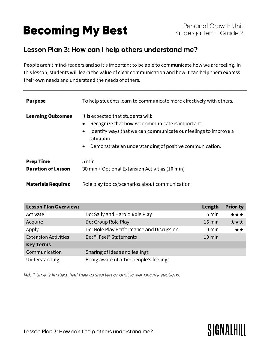 Lesson Plan 3: How Can I Help Others Understand Me?