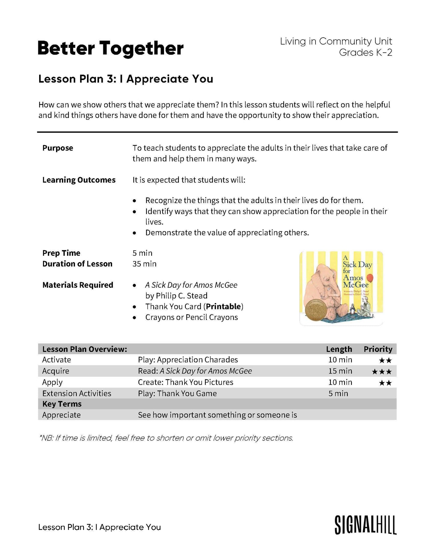 Lesson Plan 3: I Appreciate You