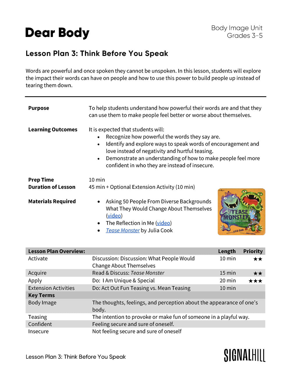 Dear Body - Lesson Plan Bundle (4 Lesson Plans)