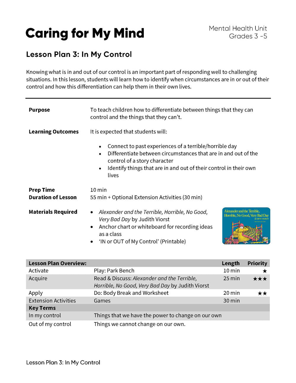Lesson Plan 3: In My Control