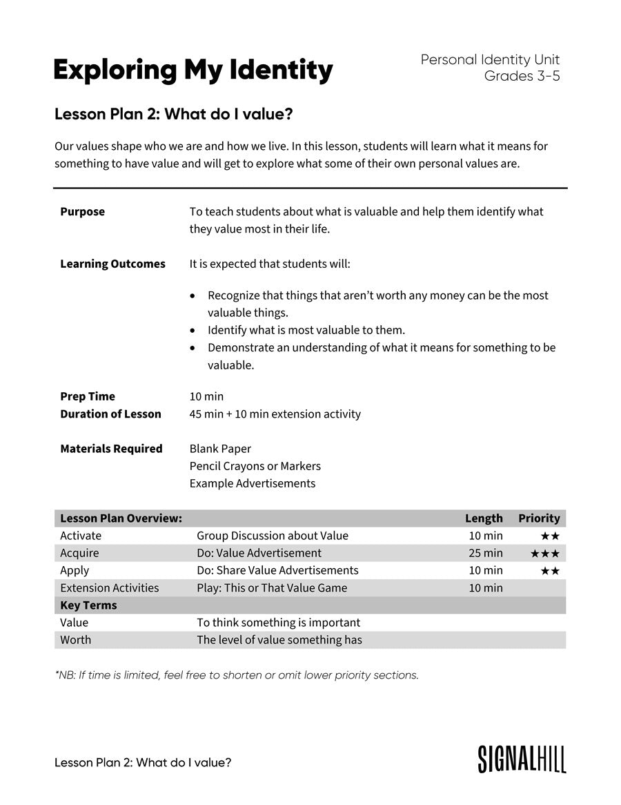 Lesson Plan 2: What Do I Value?