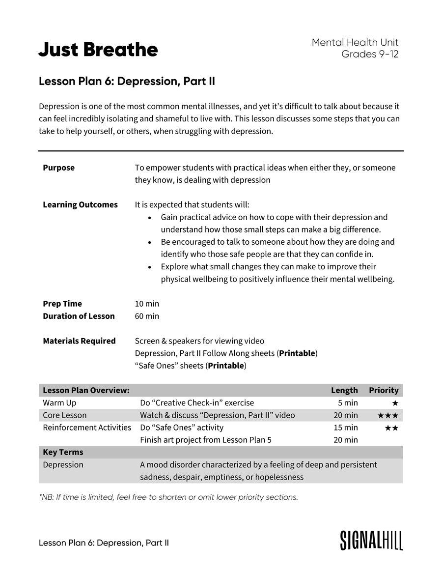 Lesson Plan 6: Depression, Part II