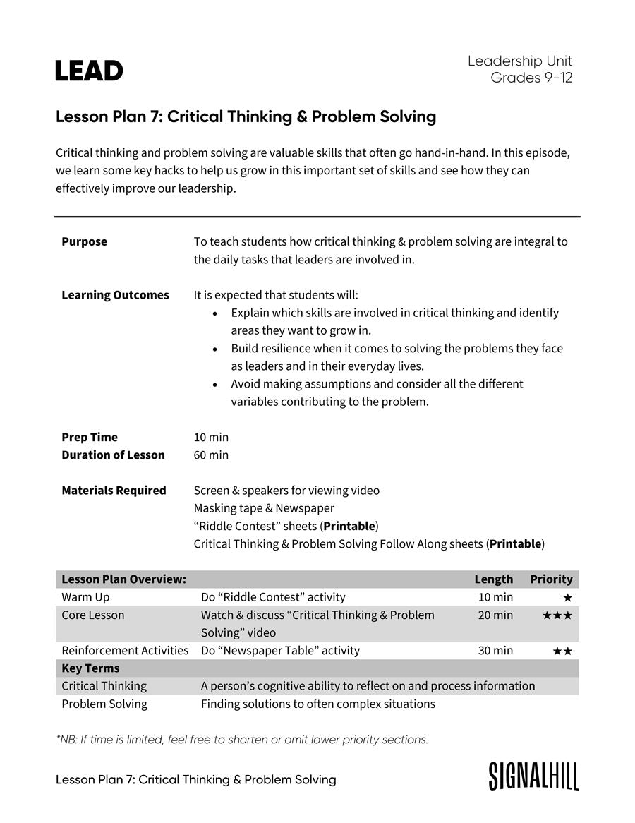 Lesson Plan 7: Critical Thinking & Problem Solving