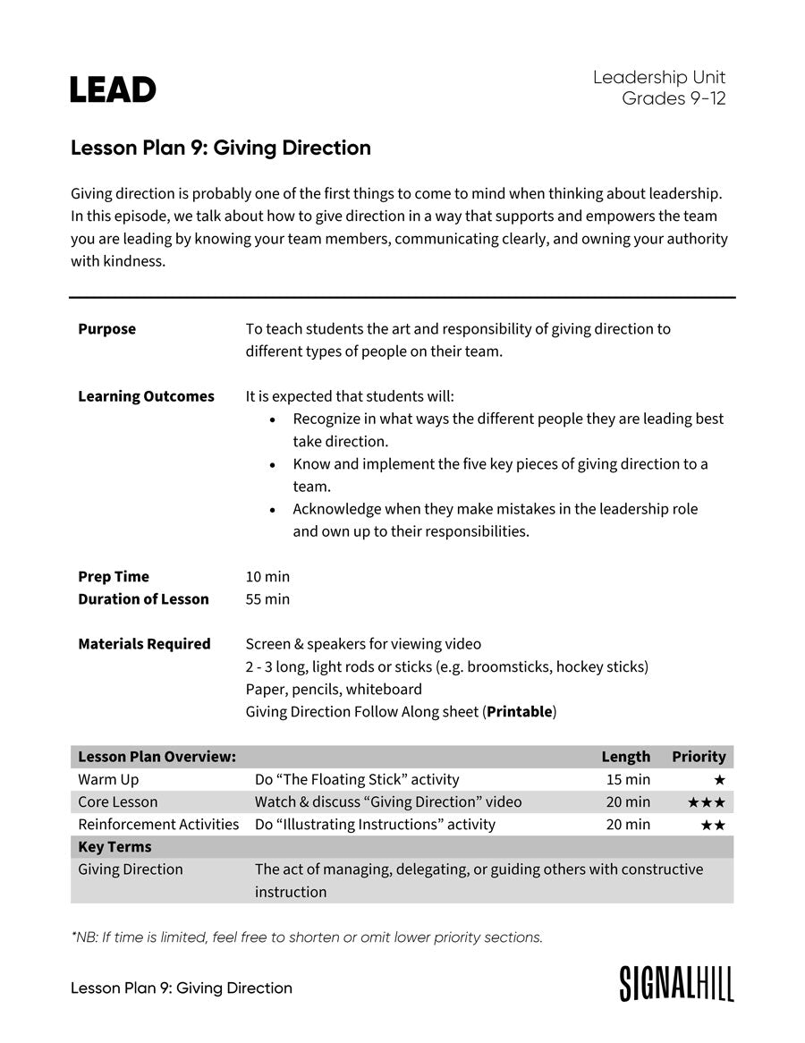 Lesson Plan 9: Giving Direction
