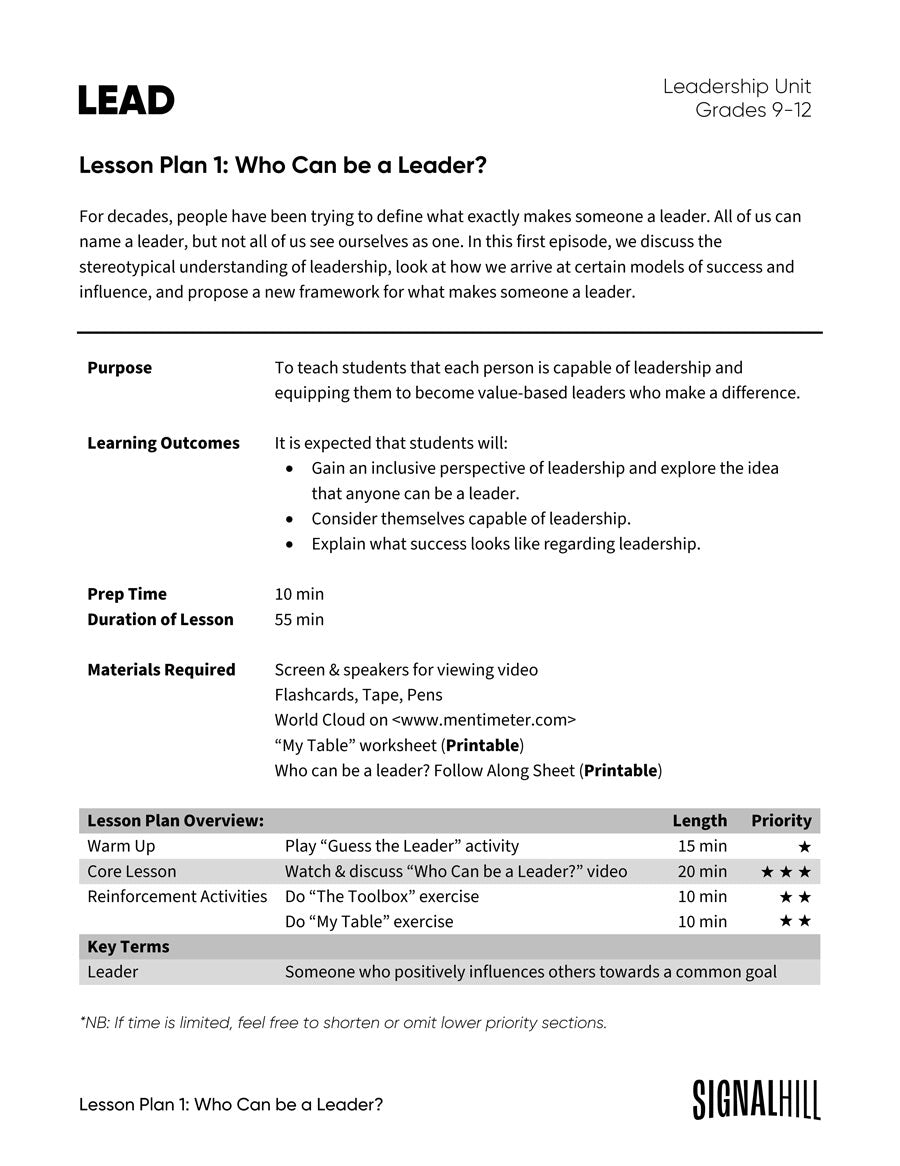 Lesson Plan 1: Who Can Be a Leader?