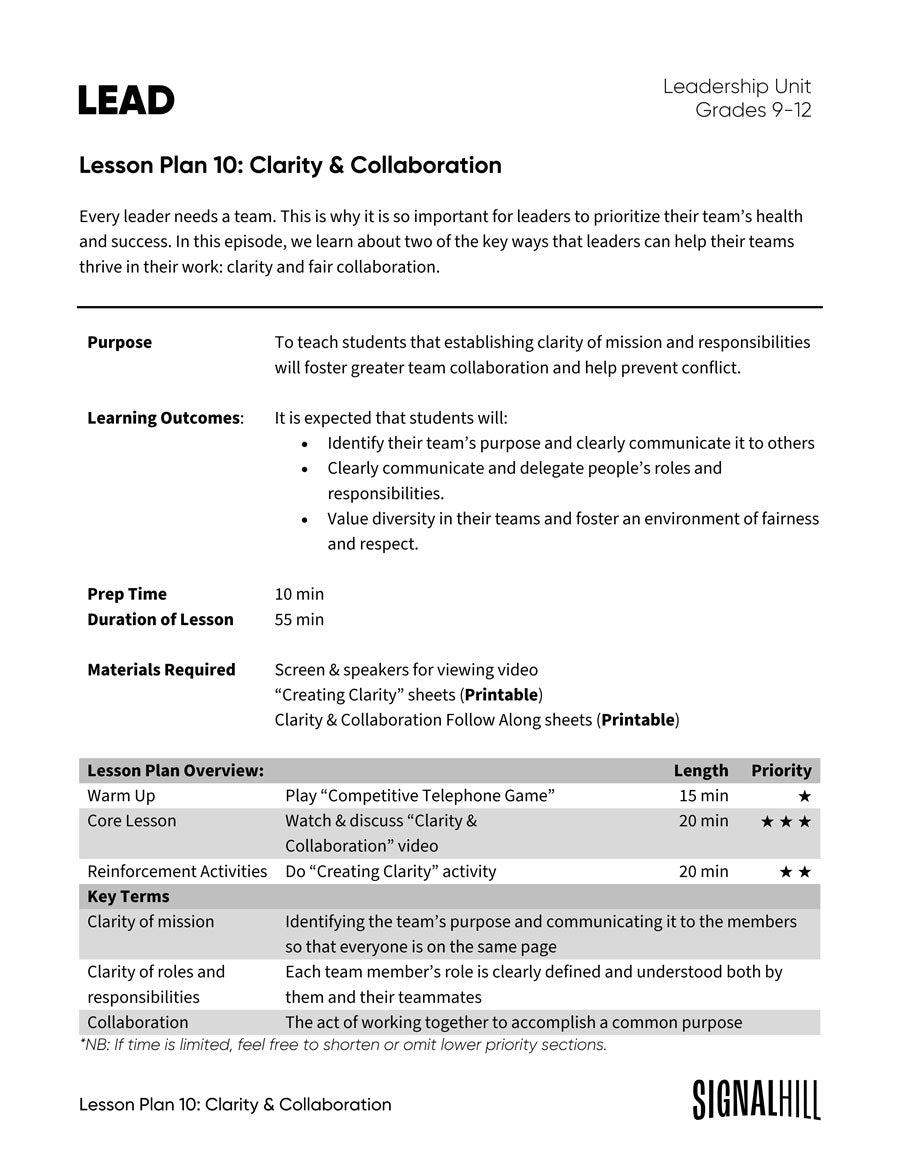 Lesson Plan 10: Clarity & Collaboration