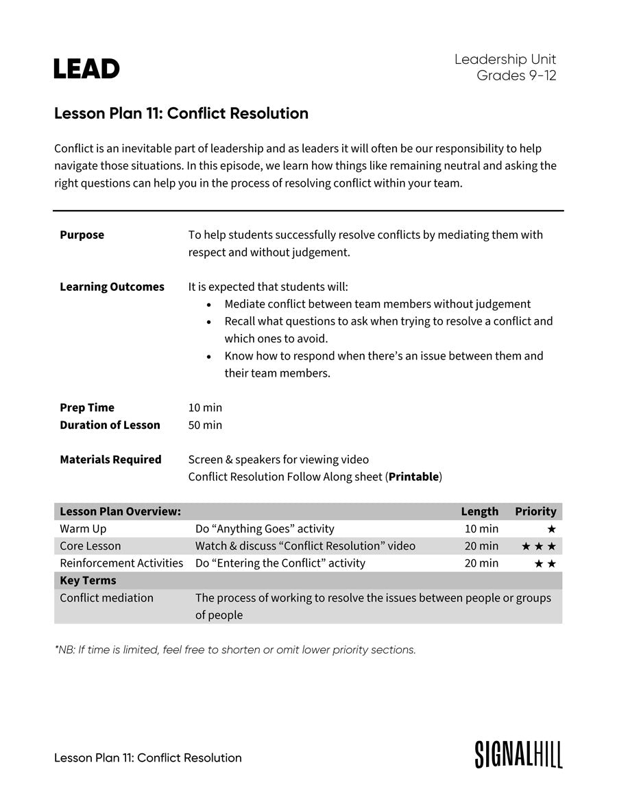 Lesson Plan 11: Conflict Resolution
