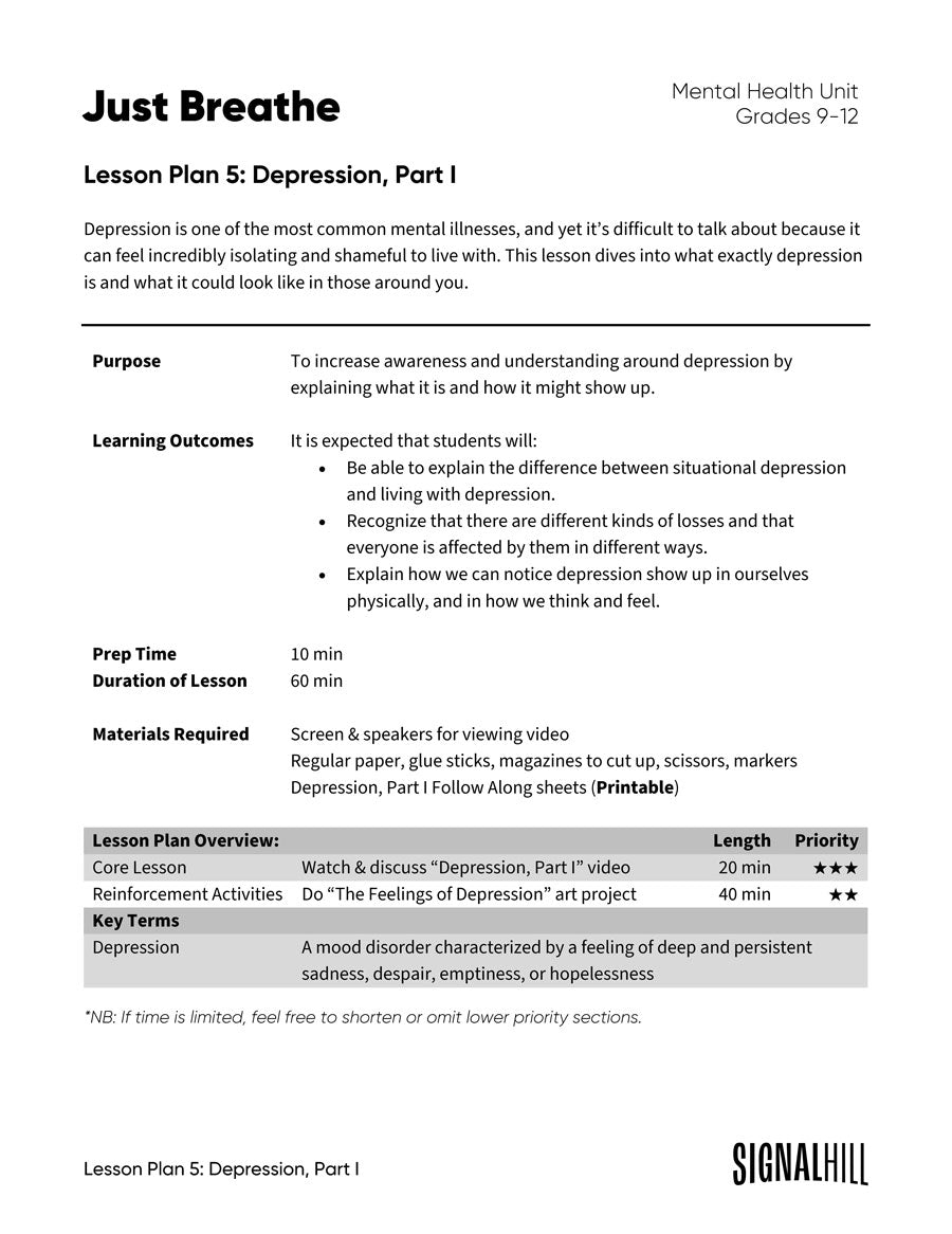 Lesson Plan 5: Depression, Part I