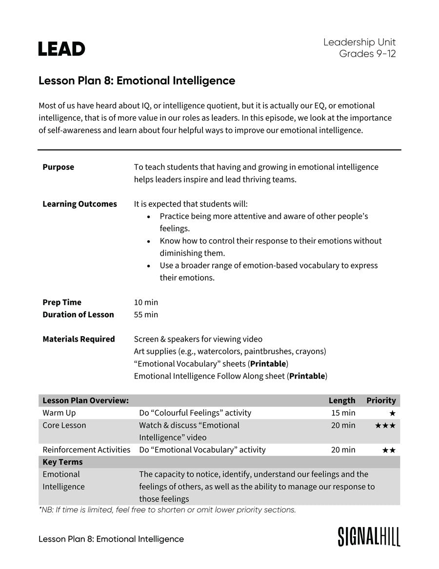 Lesson Plan 8: Emotional Intelligence