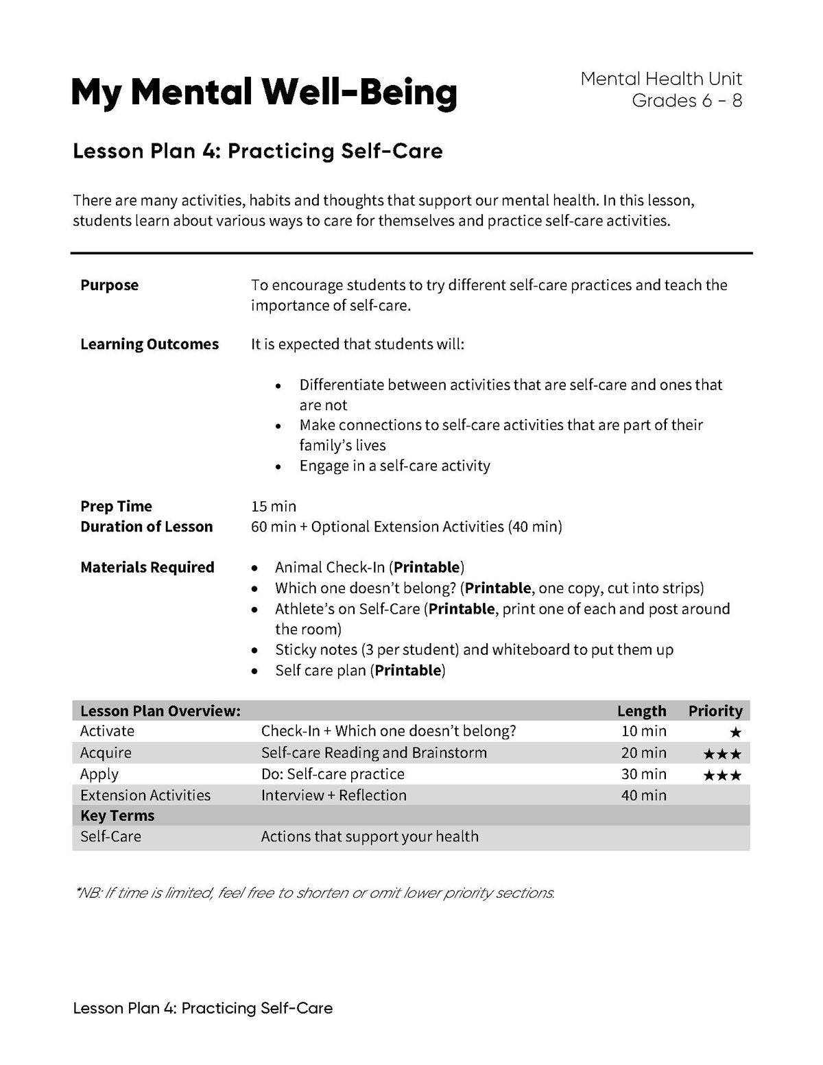 Lesson Plan 4: Practicing Self-Care