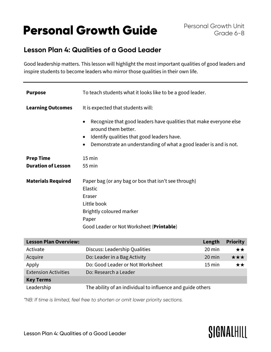 Lesson Plan 4: Qualities of a Good Leader