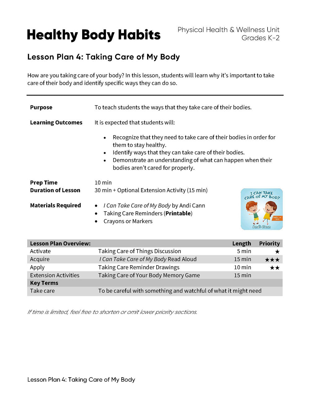 Lesson Plan 4: Taking Care of My Body