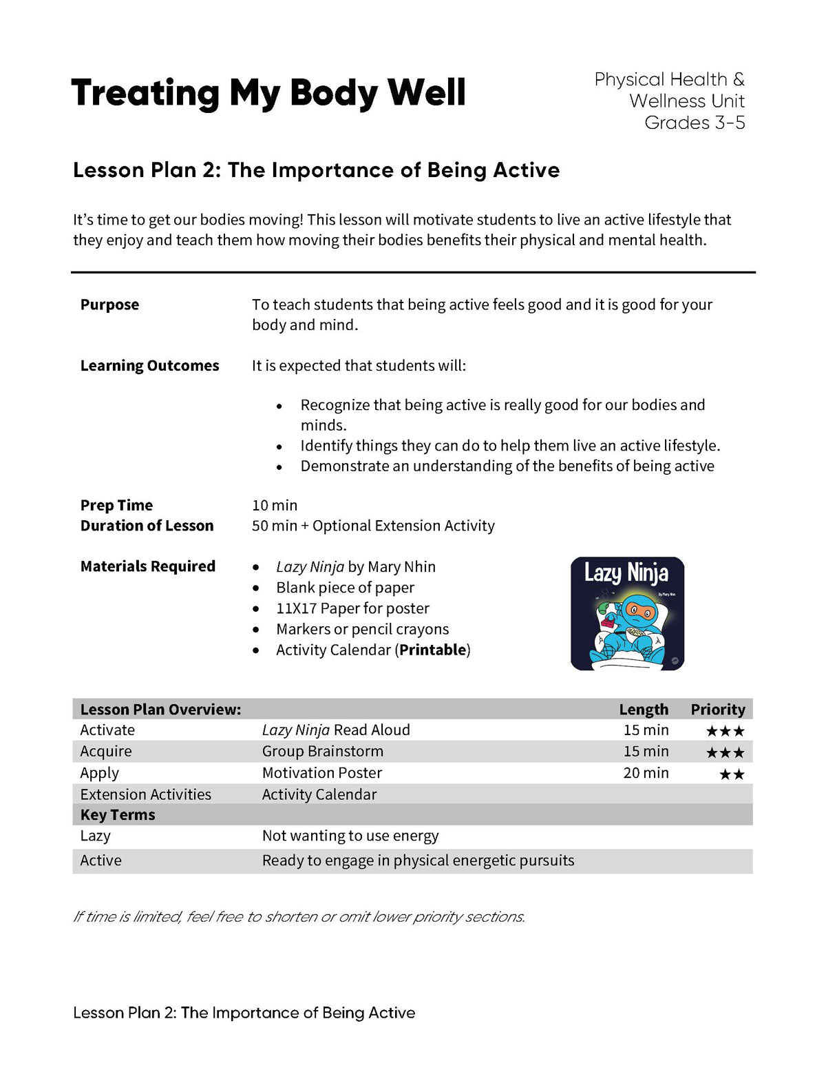 Lesson Plan 2: The Importance of Being Active