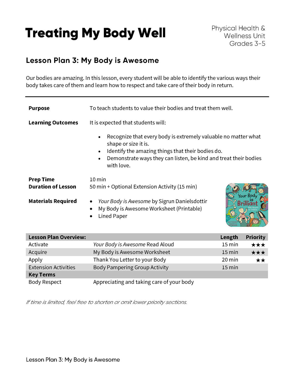 Lesson Plan 3: My Body is Awesome